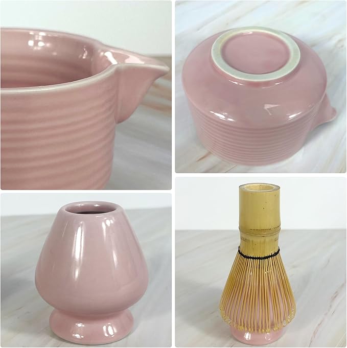 Matcha Whisk Set,6Pcs Matcha Kit Includes Matcha Whisk and Holder,Matcha Bowl with Spout,Matcha Sifter and 2Pcs Matcha Spoon,Suitable as a gift for those who like matcha (Pink)