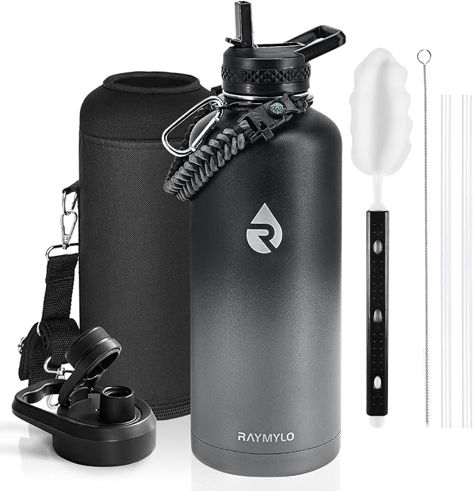 Insulated Water Bottle 87 oz, Triple Wall Vacuum Stainless Steel (Cold for 48 Hrs), Leak Proof & Non-BPA, Modern Water Flask Jug with Paracord Handle & Straw Spout Lids, Dark Grey