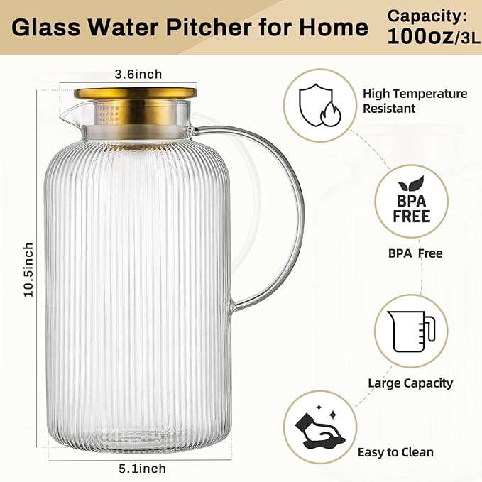 Glass Pitcher with Lid, 100 oz/ 3 Liter Classic Vertical Stripes Water Pitcher,Glass Water Carafe for Cold Brew, Coffee, Lemonade, Iced Sun Tea,Beverage, Milk, Heat Resistant
