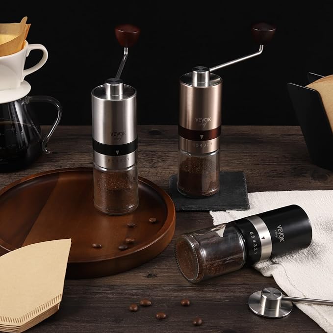 VEVOK CHEF Manual Coffee Grinder Hand Coffee Grinder 6 External Adjustable Setting Stainless Steel Conical Burr Coffee Mill Portable Hand Crank Coffee Bean Grinder Fine for Espresso