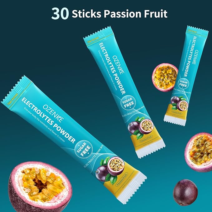 Electrolytes Powder Packets, 30 Sticks Hydration Packets Sugar Free, Electrolyte Drink Mix Portable Electrolyte Packets for Rapid Hydration, 0 Sugar & 0 Calorie, Passion Fruit Flavor