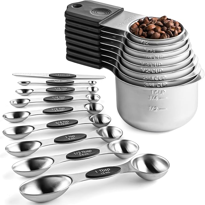 Measuring Cups and Spoons Set Including 8 Stainless Steel Magnetic Measuring Cups 8 Double Sided Magnetic Measuring Spoons with 1 Leveler for Dry and Liquid Ingredients