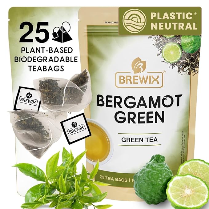 BREWIX, Bergamot Green Tea (25 Pyramid Tea Bags) | Caffeinated Tea Loose Leaf Earl Grey Green Tea With Pure Bergamot | High Elevation Grown