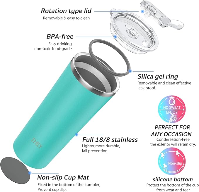 THILY Tumbler Vacuum Insulated Travel Mug 26 oz Coffee Cup with Lids and Straws, Reusable, Splash-Proof, Powder Coated, Keep Ice Drinks Cold, Teal