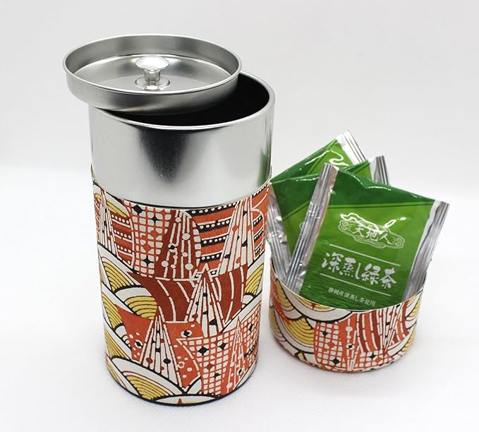 Japanese Pokkan Coffee Spice Tea Tin Canister Washi Paper Storage with Lid 7.05 oz Capacity (Modern Seigaiha)
