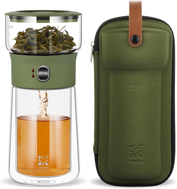 ZENS Modern Glass Infuser Teapot, Smart One Touch Tea Maker for Loose Tea Diffusers with Insulated Mug and Portable Case, Enchanted Teapot Alternatives for Tea Lover Gifts