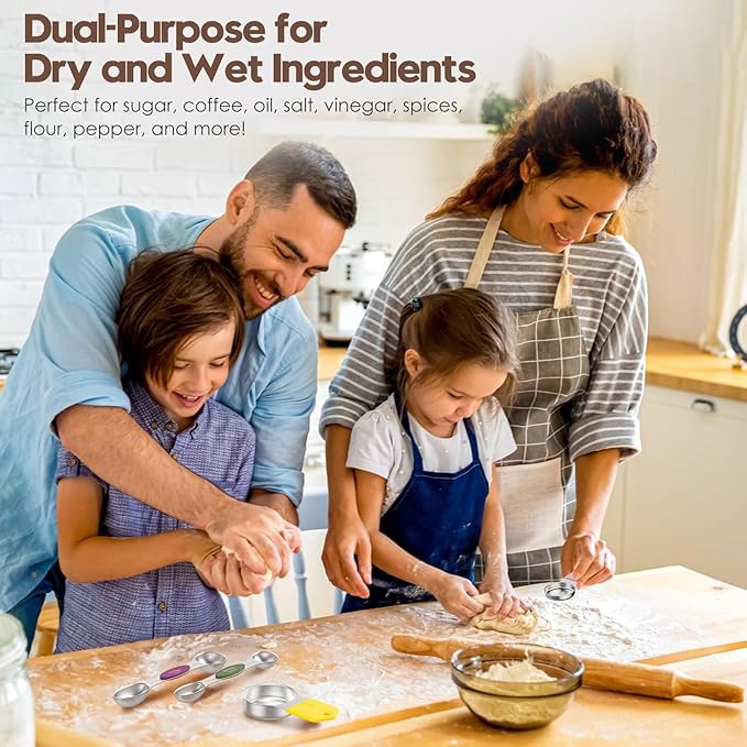Magnetic Measuring Cups and Spoons Set - 304 Stainless Steel | Dual-sided Design | Set of 15 with Leveler | Strong N52 Magnetic Nesting Design | for Dry & Liquid Ingredients (Colorful)