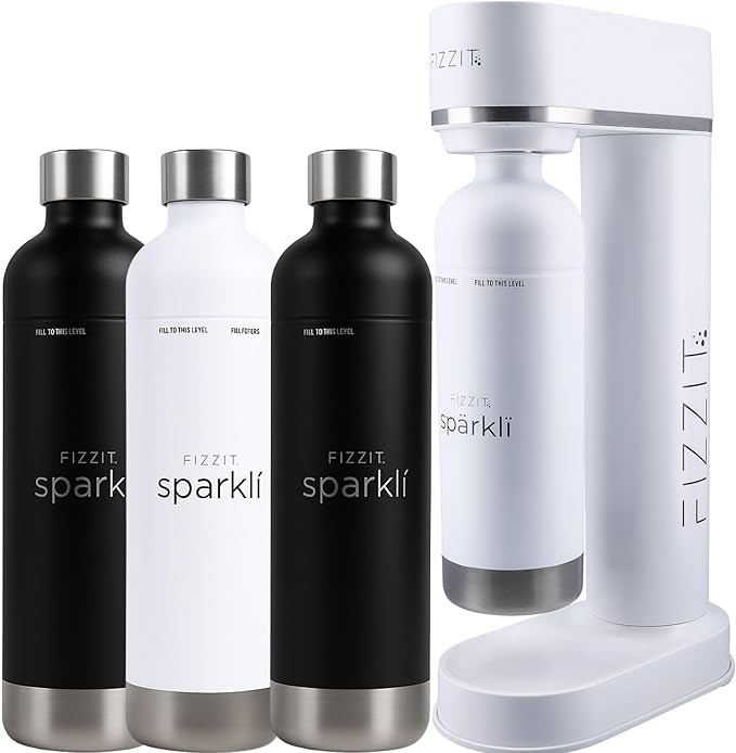 Fizzit Spärklï Carbonated Water Soda Maker in White with 2 Black Stainless Steel Bottles & 1 White Stainless Steel Bottle