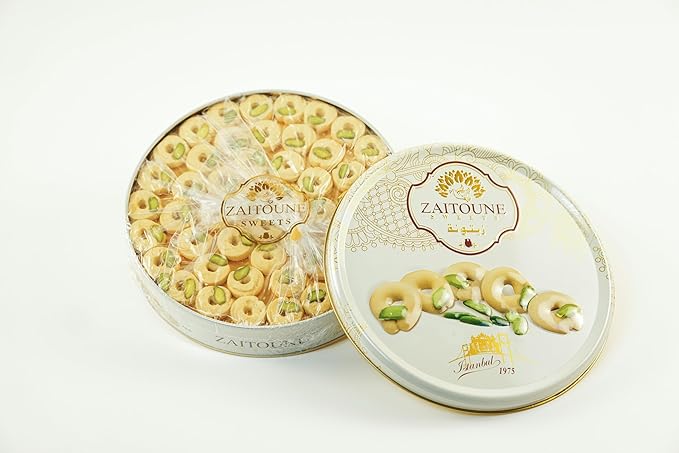 Zaitoune Ghraybeh Cookies - 1.1 lb | Luxurious Traditional Middle Eastern Pistachio Shortbreads Handcrafted in Turkey | Beautiful Reusable Gift Tin | Perfect for Dessert | Great Sharing Present
