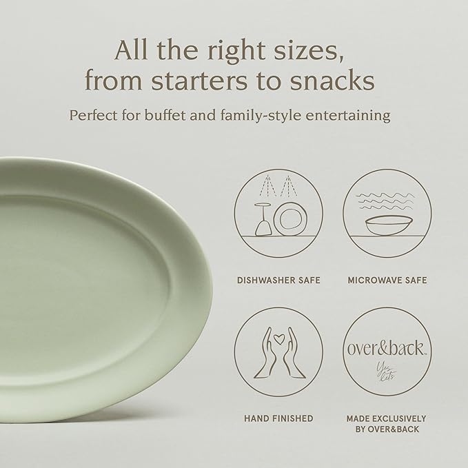 over&back Rim Stoneware Serving Platter - Elegant 1-Piece Oval Serving Platter to Complete Your Kitchen Set - 16" L x 10.8" W Semi-Matte Sage
