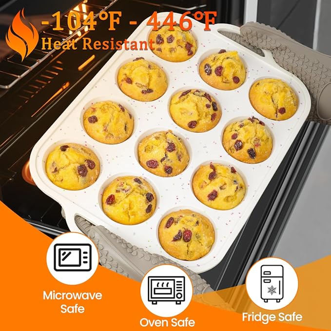 Silicone Muffin Pan, with Metal Reinforced Frame 2.8 Inch Regular Size Silicone Cupcake Pan Nonstick 12 Cups for Baking Homemade Muffins, Cupcakes, Egg Bites 2 Pack Dishwasher Safe BPA Free