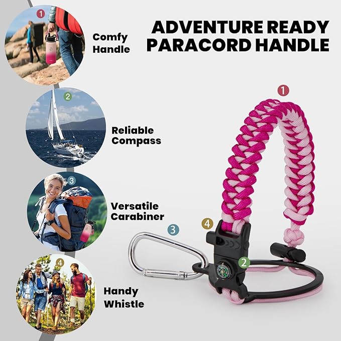 Insulated Water Bottle 32 oz, Triple Wall Vacuum Stainless Steel (Cold for 48 Hrs), Leak Proof & Non-BPA, Modern Water Flask Jug with Paracord Handle & Straw Spout Lids, Ombre Pink