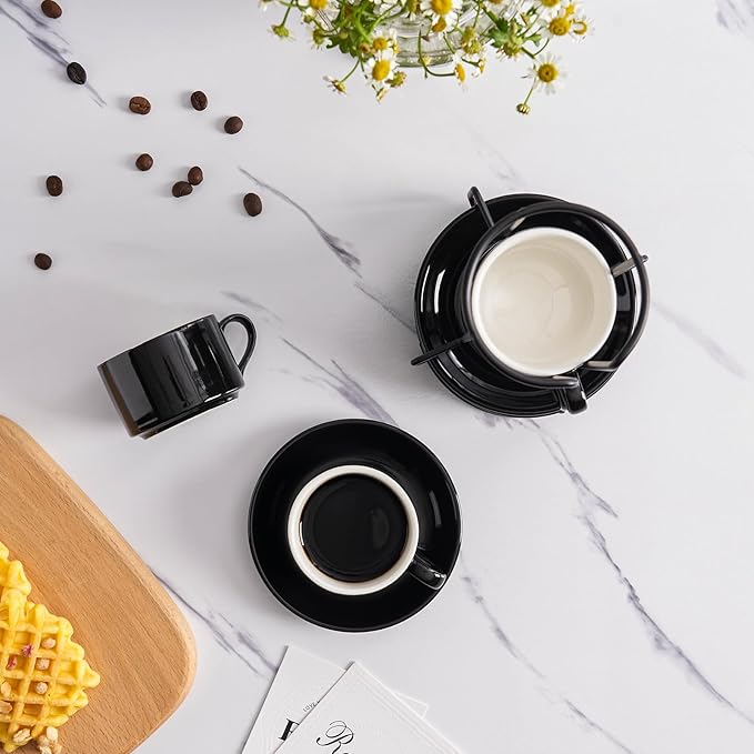 4oz Porcelain Stackable Espresso Cups with Saucers and Metal Stand Set of 4, Stackable Cappuccino Cups, Black Expresso Shots Cup Set for Coffee Drinks, Latte, Americano, Tea