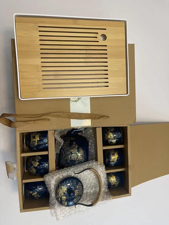 Japanese Tea Set, Black Glazed Tea Set in Gift Box With 1 Teapot, 1 Tea Strainer, 1 Tea Tray and 6 Tea Cups. Ideal Tea Set for Office Home, Asian Tea Sets for Tea Lovers(Country Blue)