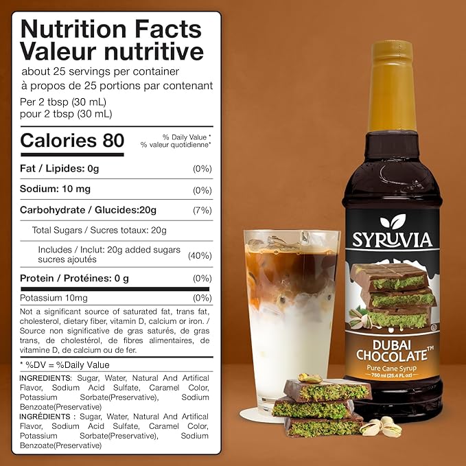 Syruvia Coffee Syrup, Dubai Chocolate Flavored Syrup for Drinks, Lattes, and Desserts – 25.4 fl oz,