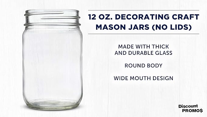 DISCOUNT PROMOS Decorating Mason Jars 12 oz. Set of 10, Bulk Pack - Glass Jars for Overnight Oats, Candies, Fruits, Pickles, Spices, Beverages - Clear