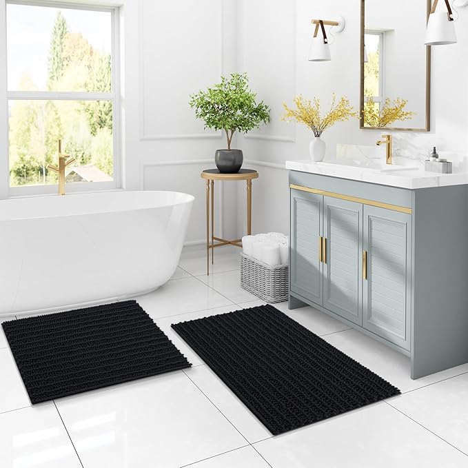 Arotive Luxury Chenille Bathroom Rug Mat, Extra Soft Thick Absorbent Shaggy Bath Rugs, Non-Slip Machine Wash Dry, Plush Bath Mats for Bathroom, Shower and Tub, 24x16, Black