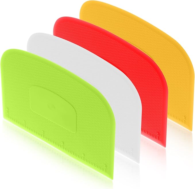 4 Piece Plastic Dough Scraper Bowl Scraper Flexible Multipurpose Food Scraper Plastic Dough Cutter for Bread Cake Dough Fondant Icing (White, Green, Yellow, Red)