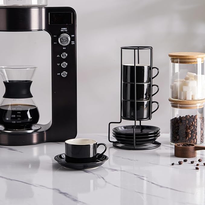 4oz Porcelain Stackable Espresso Cups with Saucers and Metal Stand Set of 4, Stackable Cappuccino Cups, Black Expresso Shots Cup Set for Coffee Drinks, Latte, Americano, Tea