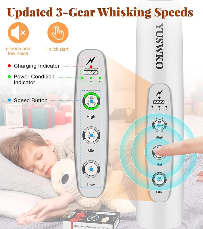 YUSWKO Milk Frother Handheld for Coffee, Rechargeable Drink Mixer with 3 Heads 3 Speeds Electric Coffee Frother Whisk, Gift for Many Occasions and Festival