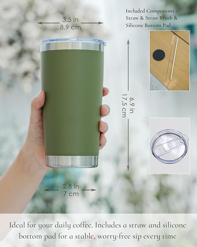 Travel Coffee Tumbler 20oz, 4 Pack Leakproof Travel Coffee Mug with Lid and Straw, Stainless Steel Double Wall Vacuum Insulated Tumbler for Hot/Iced Drinks (Textured Matte, Army Green)