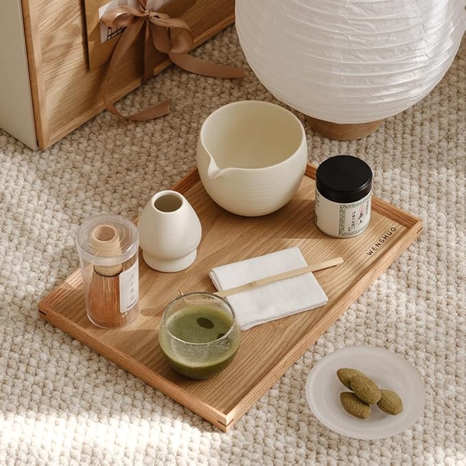 WENSHUO Matcha Whisk Set, Ceramic Matcha Bowl & Whisk Holder, Bamboo Accessory, Modern Design (Matte Crème, Pouring Spout)