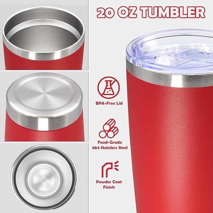20oz Tumbler Stainless Steel Tumbler Cup with Lid Vacuum Insulated Double Wall Travel Mug, Durable Powder Coated Travel Coffee Tumbler Mug for Hot & Cold Drinks, Red,1 Pack