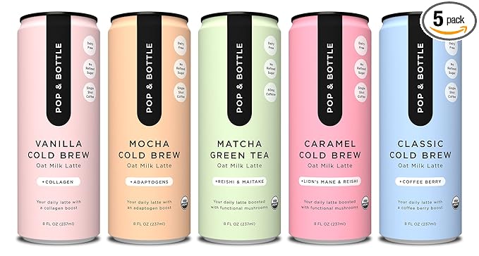 Pop & Bottle, Oat Milk Lattes - Maca, Antioxidants, Ashwagandha, MCT Oil, Collagen, Mushrooms, Organic, Dairy & Gluten Free, Great as Iced Coffee, Lightly Sweetened with Dates - 8 Fl Oz (5 Pack)