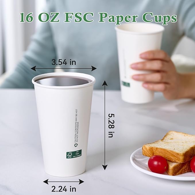LITOPAK 210 Pack 16 oz Disposable Paper Coffee Cups, White FSC Hot Coffee Cups for Multiple Drinks for Office, Store, Home