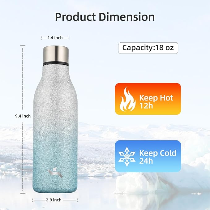 Insulated Water Bottle with Strap,18 oz Double Wall Stainless Steel Vacuum Bottles Metal Water Flask,Sparkling Silver Blue