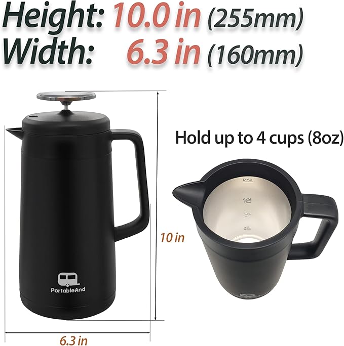 PortableAnd 34oz Double Vacuum Insulation Large Silicone French Press Coffee Maker with Silicone Ring, Stainless Steel, Perfect for Camping, Travel, and At-Home Use (Matte Black)