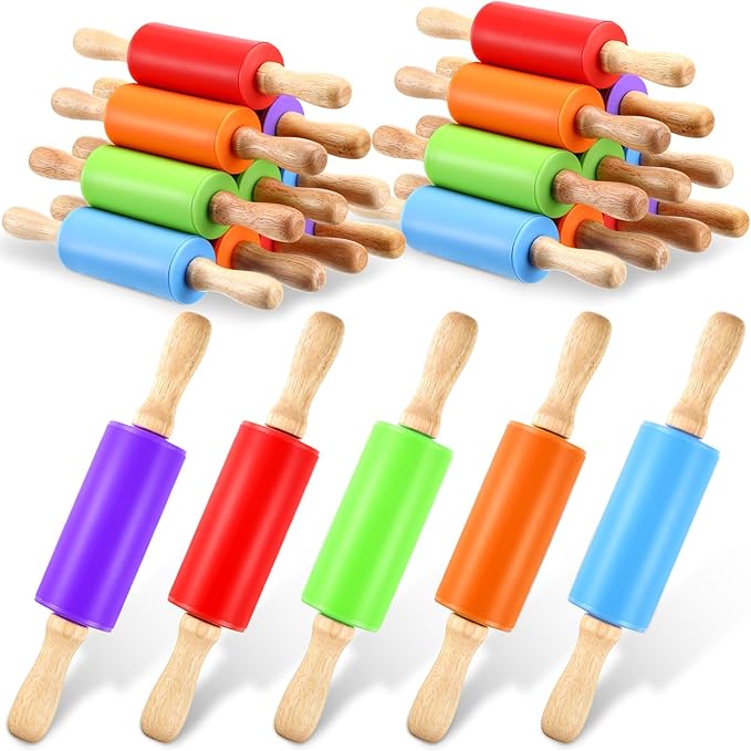 20 Pcs Small Rolling Pin Kids 9 Inch Mini Rolling Pin Silicone Wooden Cooking Pins Baking 5 Colors Non Stick Kids with Wooden Handle for Kitchen Dough Cookie Pastry Fondant Cake
