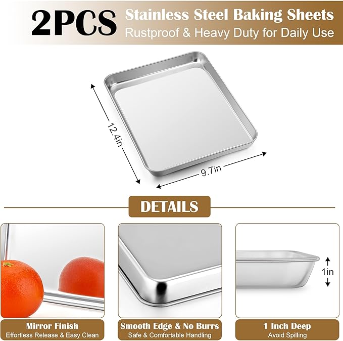 E-far Baking Sheet with Wire Rack (2 Pans + 2 Racks), Stainless Steel Cookie Sheets Pan & Cooling Rack for Baking Cookies Cake, Non Toxic & Heavy Duty, Oven & Dishwasher Safe, 12.4 x 9.7 x 1 Inch