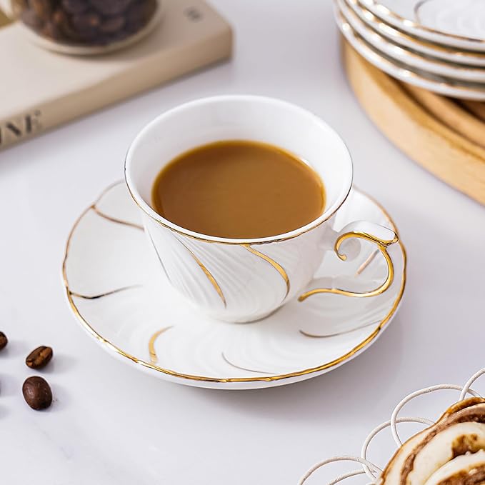 Ceramic Mini Espresso Cups Set of 4,3oz Espresso Mugs with Saucer,Porcelain Coffee Mugs Demitasse Cups, Modern Style cups for Latte, Cafe Mocha(4, White with gold thread)