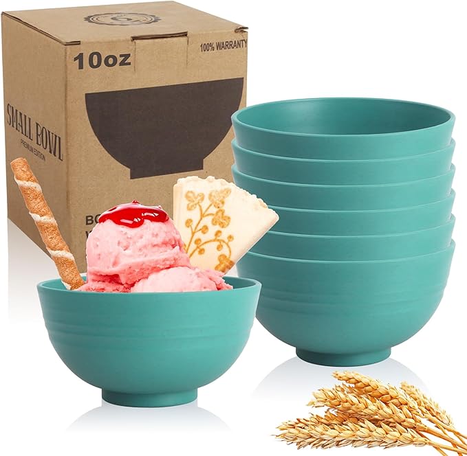 Small Wheat Straw Bowls Sets of 6,Dishwasher Safe and Microwave Safe Snack Bowls 10oz,Alternative Handy Plastic Bowls Reusable for Snack and Ice Cream.Green Series