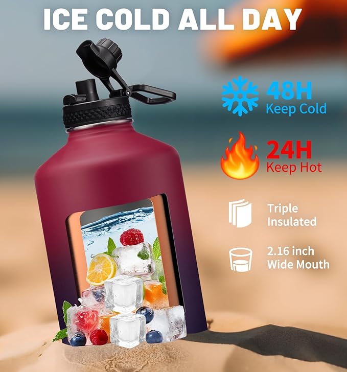 1 Gallon Insulated Water Bottle - with Straw & Auto Chug Lid, Paracord Handle, Bottle Sleeve, 128 oz Stainless Steel Water Bottle, Large Metal Gallon Water Jug Canteen for Sport Work