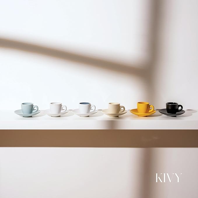 KIVY 3 oz Espresso cups set of 4 - Thick walled stoneware espresso cup set - Italian style espresso cups and saucers - Expresso shots cup - Small coffee mugs and saucers - Blue