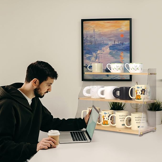 Coffee Mug Holder Wooden Cup Station Organizer 3 Tier Cup Holder for Coffee Bar Mug Display Rack for Countertop Mug Holder Shelf for Home Kitchen Trapezium-Pinewood