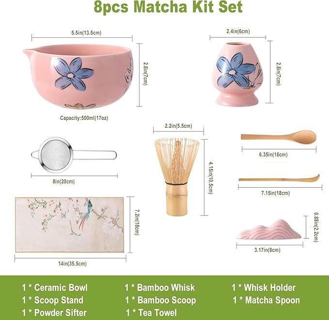 Matcha Whisk Set Pink,8pcs Matcha Set Whisk And Bowl,Matcha Kit With Bamboo Whisks,Ceramic Matcha Bowl,Sifter,Scoop,Holder,Towel,Stand,Spoon,Unique Gift for Japanese Tea Lover