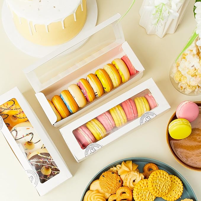 Sherr 100 Pcs White Macaron Boxes with Window, Cookies Boxes with 200 Pcs Stickers Long Bakery & Dessert Gifts Containers for Donuts, Pastry, Chocolate Covered Strawberry