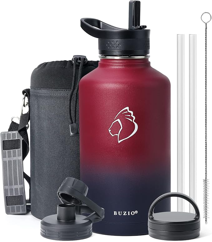 BUZIO 64 oz Water Bottle Insulated with Straw & 3 lid and Carrying Pouch, Leak Proof Half Gallon Stainless Steel Water Flask Jug, Cold for 48 Hrs Double Vacuum Thermo Canteen, BPA-Free, Ruby Red Navy