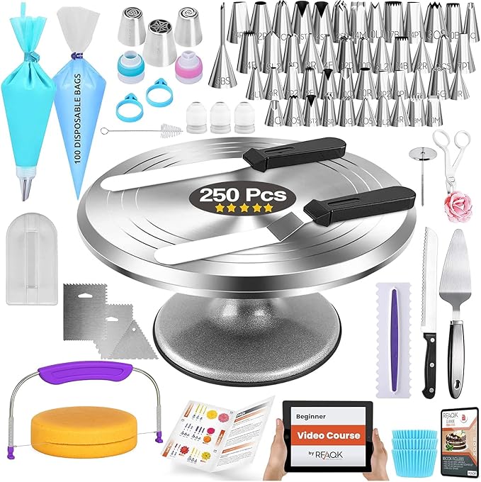 RFAQK 250 PCs Aluminum Cake Decorating Tools Kit with 12" Metal Turntable & Knife set-48 Numbered Icing Tips-3 Russian Piping Nozzles-Straight & Angled Spatula-Cake Leveler& Baking Supplies Tools