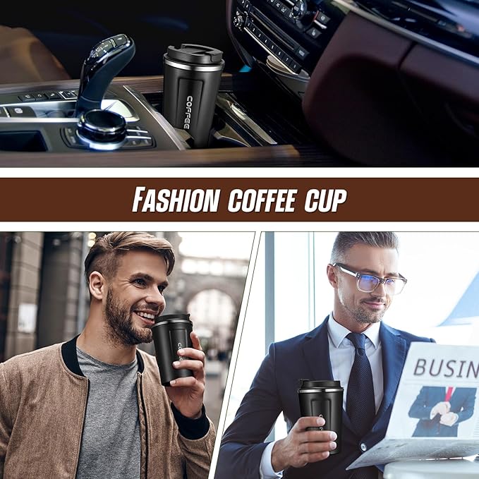 Sieral 4 Pcs 13 oz Travel Coffee Mug Insulated Reusable Coffee Cups with Leakproof Lid Stainless Steel Portable Tumbler for Keep Hot or Ice Milk Tea(Black)