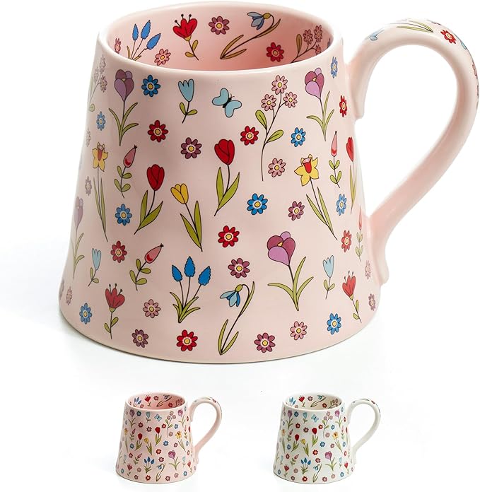 12 oz Ceramic Coffee Mug - Gift for Women & Girls - Cute Pink Coffee Cup w/Unique Design, Perfect for Home, Office, Tea, Latte, Milk - Ideal Present for Friends (Pink)
