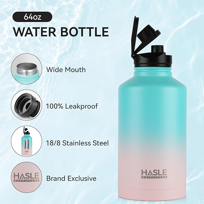 HASLE OUTFITTERS Half Gallon Insulated Water Bottles 64 oz, Stainless Steel Metal Water Jug with 2 Lids Keep Cold 48h/Hot 24h, Leak Proof & BPA-Free Water Flask Jug(Pink Blue Gradient,1)