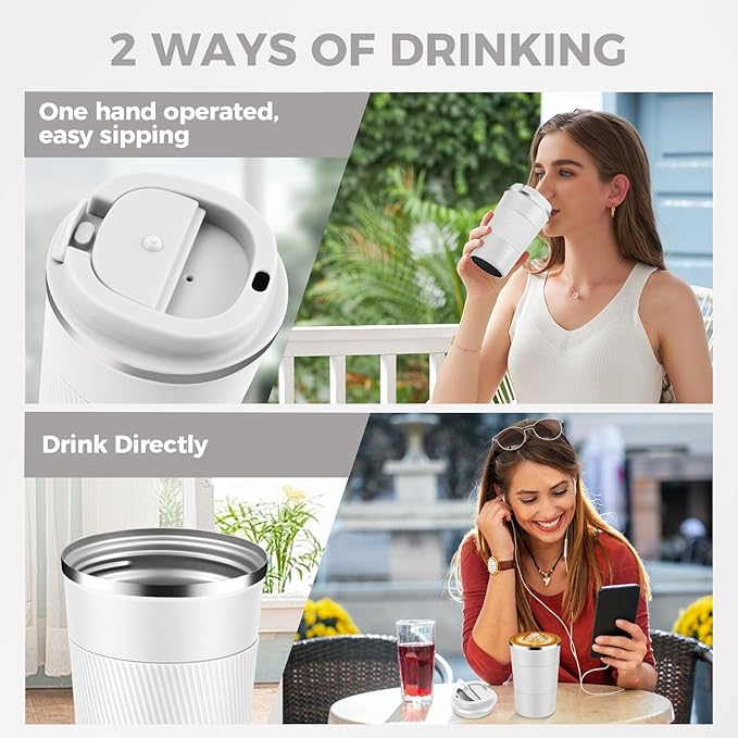 Volhoply 13 oz Stainless Steel Insulated Travel Coffee Mug with Fip Lid Bulk 8 Pack,Reusable Double Wall Vacuum Metal Coffee Cup,Portable Leak Proof Thermal Tumbler for Hot & Cold Drinks(White,8)