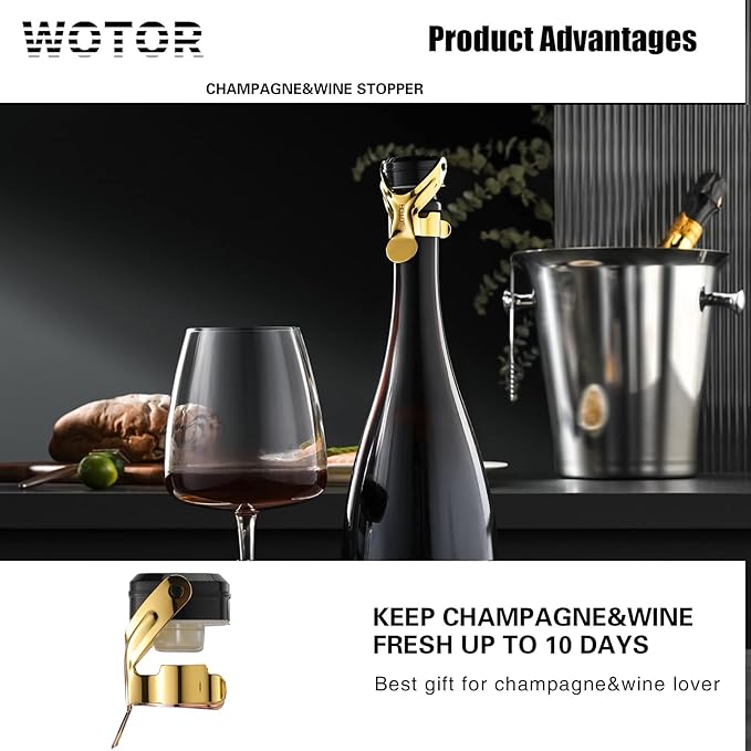 WOTOR Champagne&Wine Bottle Stoppers Stainless Steel with Food Grade Silicone, Leak Proof Keep Fresh Reusable Saver, Cork Suitable for Wine, Champagne, Cava, Prosecco and Sparkling (6 Pack Gold）