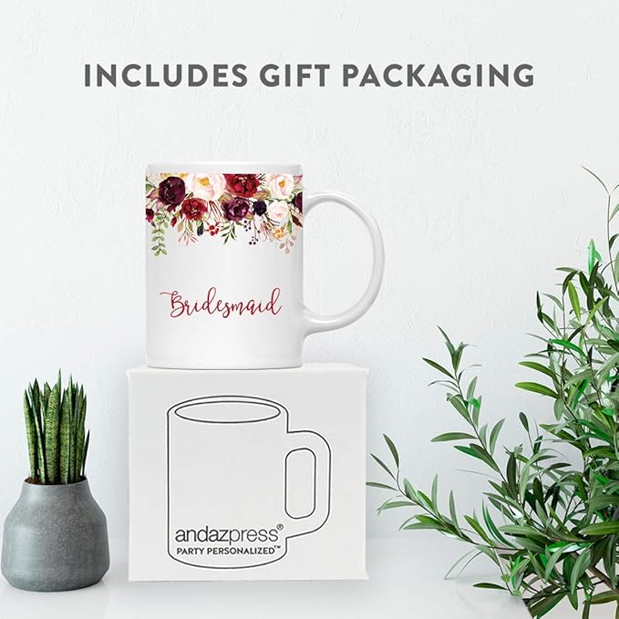 Andaz Press 11oz. Wedding Ceramic Coffee Tea Mug Gift, Fall Autumn Marsala Burgundy Flowers Roses Florals, Bridesmaid, 1-Pack, Includes Gift Box