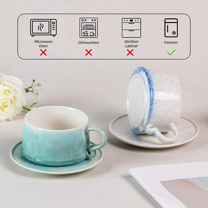 KAMMAK Tea Cups and Saucers Set of 2, Porcelain Coffee Cups, 7.5oz Crystalline Glaze Espresso Mugs, Ceramic Demitasse for Coffee, Cappuccino, Latte, Americano, Tea (Light green + Light blue)