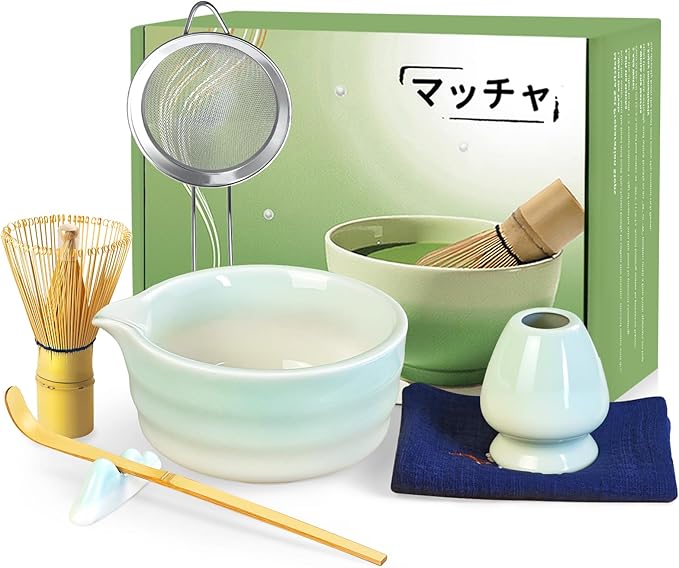 Matcha Whisk Set, 7 Pcs Ceramic Matcha Kit, Matcha Bowl with Spout, Matcha Whisk, Holder, Stainless Sifter, Bamboo Scoop and Tea Towel, Matcha Gift Set for Matcha Tea Lovers